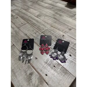 Paparazzi Statement Earrings Lot 3 Pairs Silver Tone Pink Purple Boho Dangle